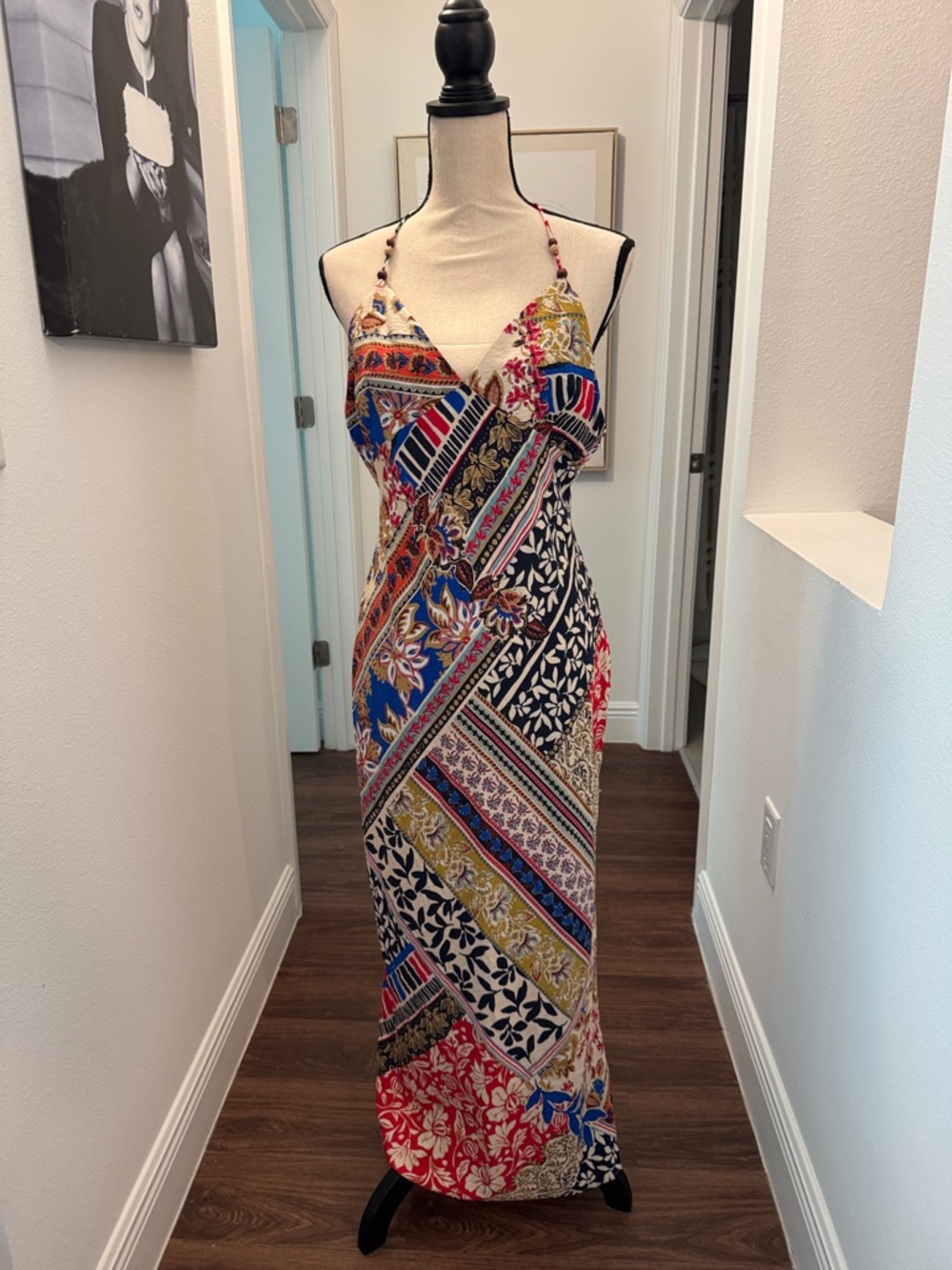 Zara Multi-Print Halter Maxi Dress — Blue, Red, Yellow, Black